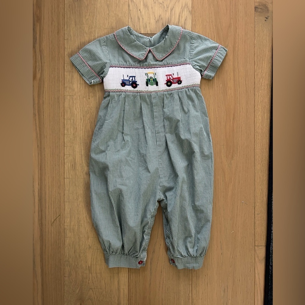 Beaufort Bonnet Boys Smocked Tractor Longall Green Gingham Size 2